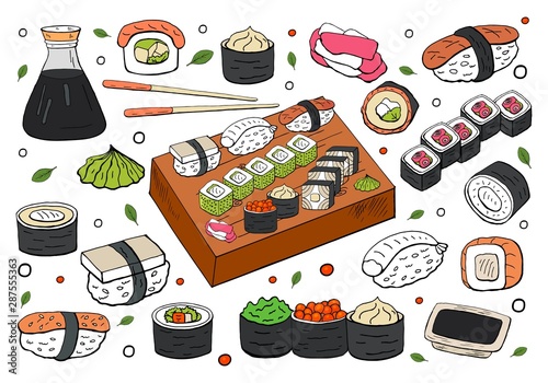 Big set of japan sushi and rolls collection on white background. Vector hand drawn sushi collection