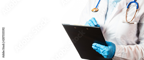Portrait of female doctor with stethoscope, mask and document folder isolated on white background. Free space for your text photo