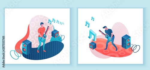 Guitar player 3d isometric infographic illustration set, man playing rock music, concert show poster template, band artists, jazz fesival, cartoon collection of musical people, blue and coral color