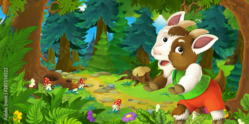 Fototapeta Naklejka Na Ścianę i Meble -  Cartoon fairy tale scene with goat farmer on the meadow in the forest - illustration for children