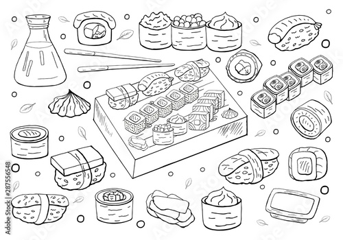 Set of hand drawn sushi set on white background. Sushi and rolls collection, asian food.