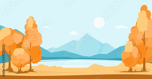 Autumn landscape with lake and mountains