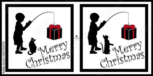 少年とねこのクリスマス。シルエットで描くクリスマスのイラスト