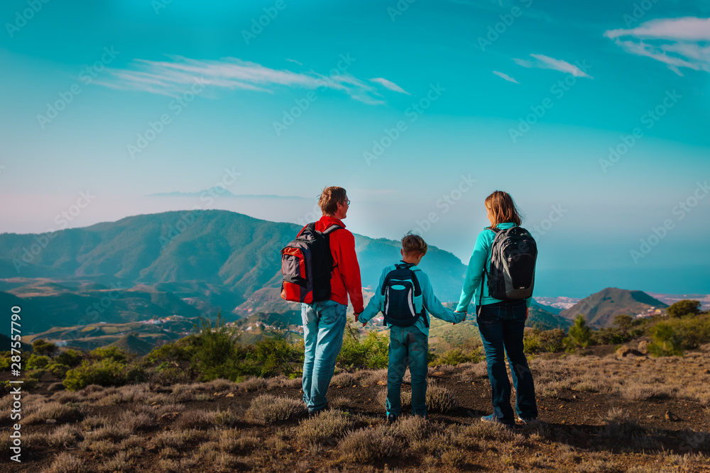 happy family-mom, dad and son-travel in nature