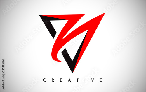 V Black and Red Logo Letter. Creative V Letter Logo Icon Design with Monogram Line