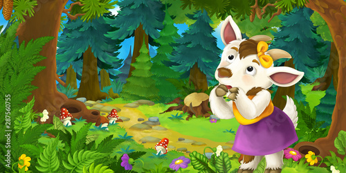 Fototapeta Naklejka Na Ścianę i Meble -  Cartoon fairy tale scene with goat girl farmer on the meadow in the forest - illustration for children