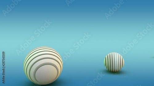 3D rendering of abstract geometric shapes in new year style on a blue background. Image of spheres consisting of disks. The scope stripe. Illustration of an abstract festive songs.