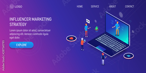 Influencer marketer interacting with social media followers, influencer marketing, video blogging concept. 3d isometric web banner with character figures.