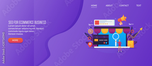 Ecommerce seo strategy, digital marketing promotion, online store optimization, man searching web store concept. Web template, banner, presentation.