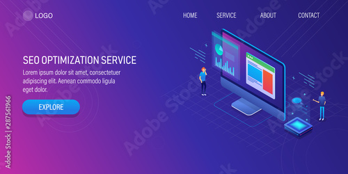 Businessmen analyzing website traffic, seo optimization, digital marketing strategy analysis, 3d isometric design concept. Web template, banner.