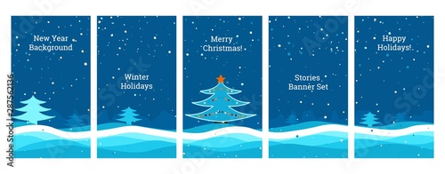 Social media banners. Set of banners for social media stories with New Year, Christmas, winter view, falling snowflakes, snow, Christmas tree, New Year scene,templates for cover, flyer, brochure.