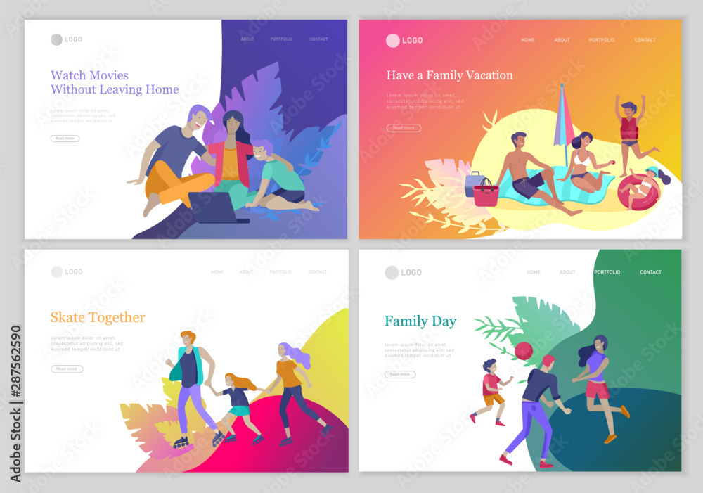 landing pages set with Collection of family hobby activities. Mother, father and children sunbathing, swimming, hiking, traveling, preparing barbecue together. Cartoon vector illustration