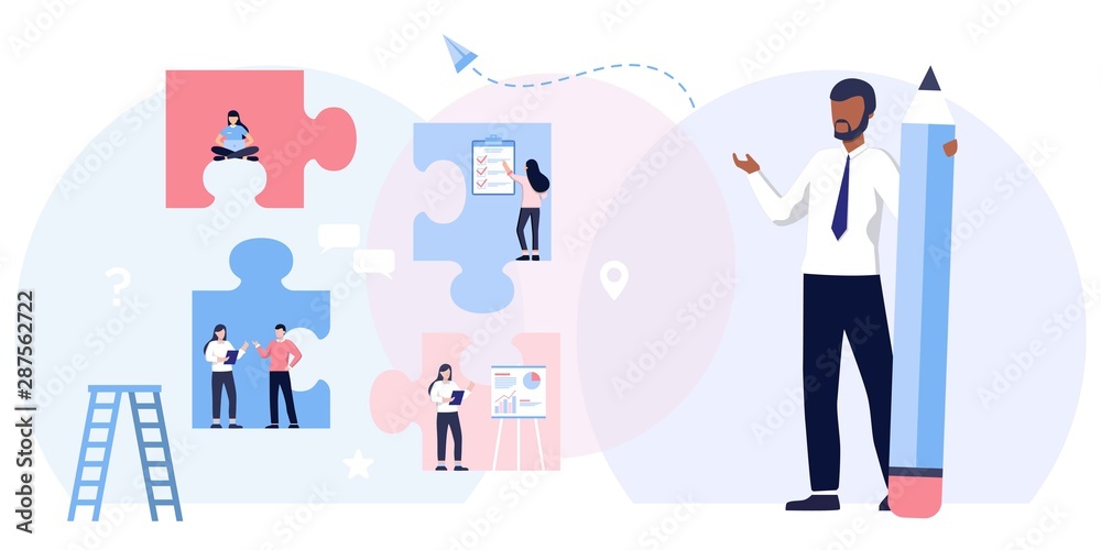 Teamwork metaphor. Business team. puzzle elements. Vector illustration flat design style. Symbol of cooperation, partnership. Ethnic business people group. Office workers talking with boss, manager. Teamwork metaphor. Business team. puzzle elements. Vector illustration flat design style. Symbol of cooperation, partnership. Ethnic business people group. Office workers talking with boss, manager.