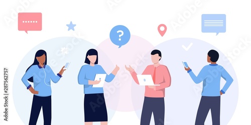 Vector illustration of communication of people in search of solutions problems, use in web-projects and applications, collective thinking. Ethnic business people group full length team, speech bubble