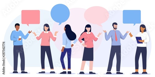 Vector illustration of communication of people in search of solutions problems, use in web-projects and applications, collective thinking. Ethnic business people group full length team, speech bubble
