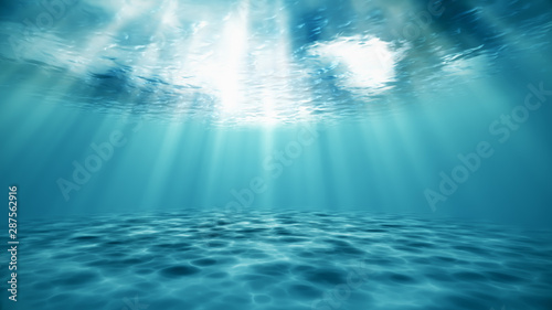Bright blue ocean surface seen from underwater. Beams of sunlight shining through. 3d rendering - illustration.