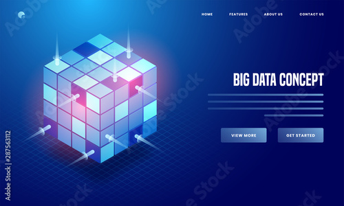 3D illustration of shiny data cube on blue background for Big Data concept based web poster or landing page design.
