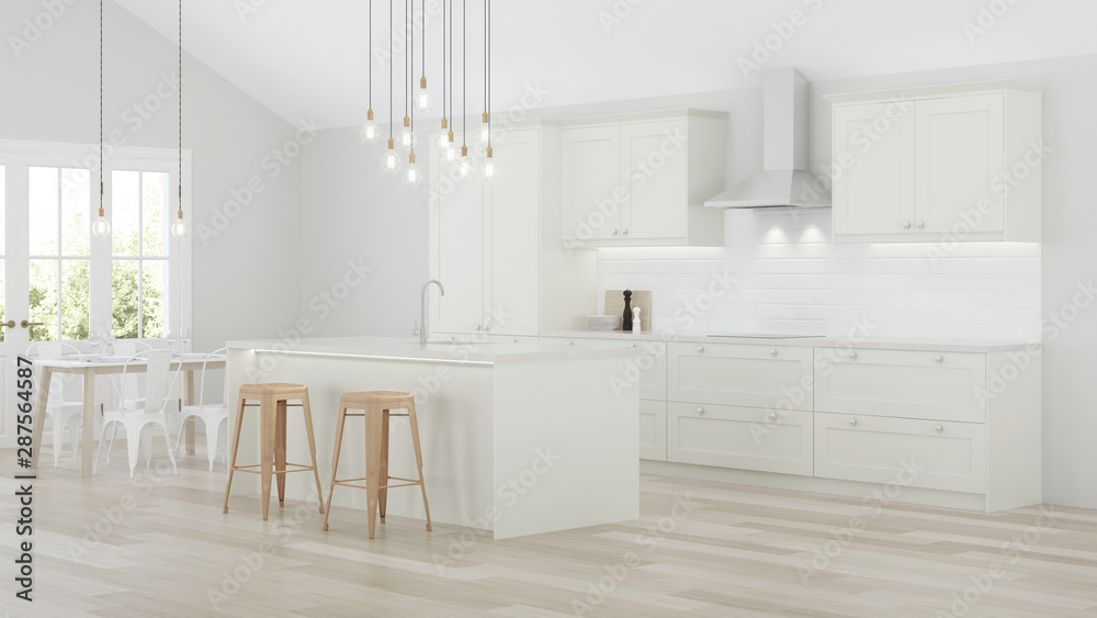 Fototapeta premium The interior of the kitchen in a private house. White kitchen with a blue island. 3D rendering.