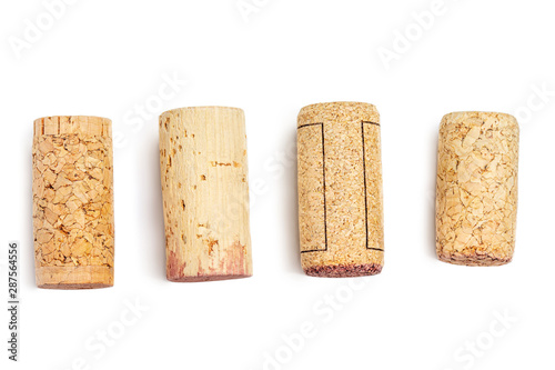 Wine corks Isolated on white background. Close up.  Corks in a row