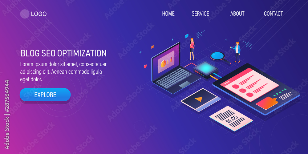 Business blogging, optimize blog post for seo, content strategy concept with blogger characters. 3d isometric design template.