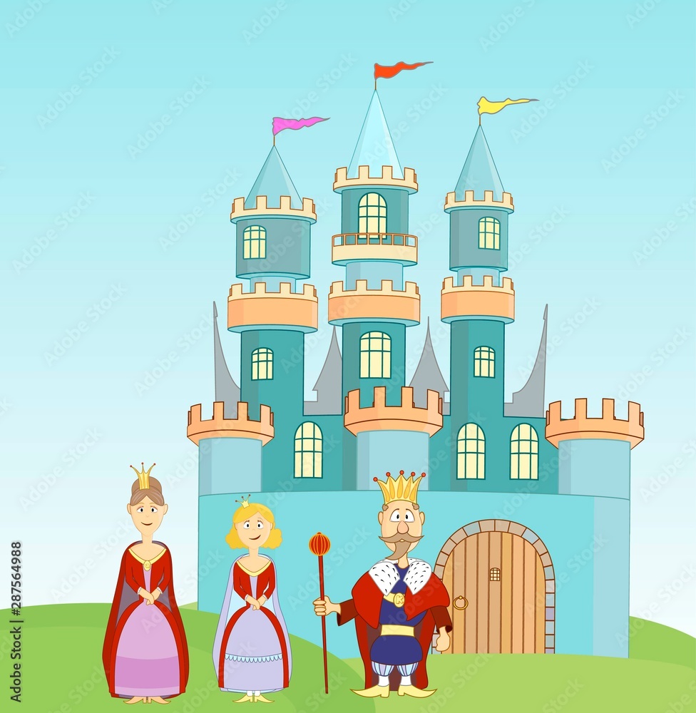 fairytale castle, king, queen, princess illustrated with cartoon picture.  flat design isolated on white background .vector image. Stock Illustration  | Adobe Stock