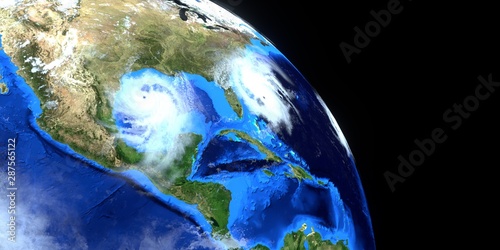 Fototapeta Naklejka Na Ścianę i Meble -  Extremely detailed and realistic high resolution 3d illustration of multiple Hurricanes approaching the USA. Shot from space. Elements of this image are furnished by NASA.