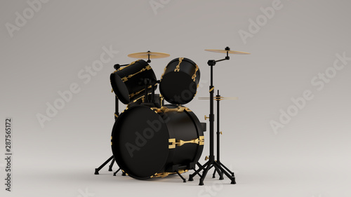 Black with Gold Detail Drum Kit Left View 3d illustration 3d render