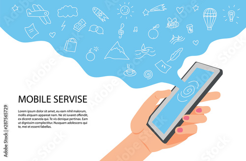 Woman hand holing phone with set of icons that fly from screen. Mobile servises concept. Blue cloud with various symbol of mobile servises.