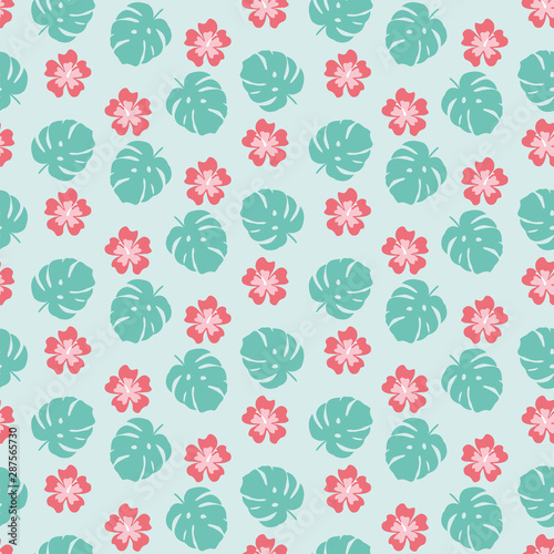 Seamless pattern with tropical leaves and Hibiscus flowers