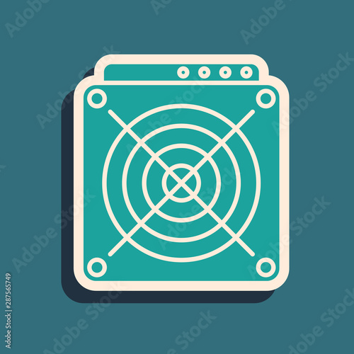 Green ASIC Miner icon isolated on blue background. Cryptocurrency mining equipment and hardware. Application specific integrated circuit. Long shadow style. Vector Illustration