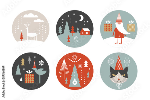 set of round label with winter and Christmas illustrations. Happy New Year, Greeting cards