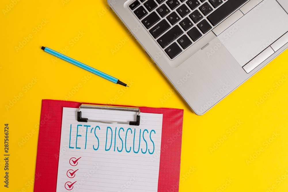 Writing note showing Let S Discuss. Business concept for asking someone to talk about something with demonstrating or showing Trendy metallic laptop clipboard paper sheet marker colored background Writing note showing Let S Discuss. Business concept for asking someone to talk about something with demonstrating or showing Trendy metallic laptop clipboard paper sheet marker colored background