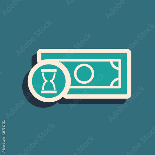 Green Fast payments icon isolated on blue background. Fast money transfer payment. Financial services, fast loan, time is money, cash back concept. Long shadow style. Vector Illustration