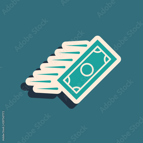 Green Fast payments icon isolated on blue background. Fast money transfer payment. Financial services, fast loan, time is money, cash back concept. Long shadow style. Vector Illustration