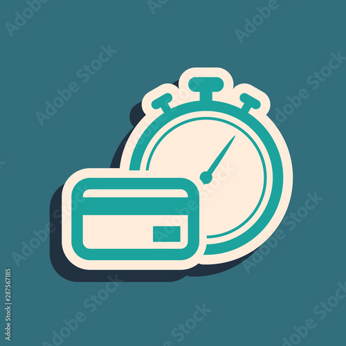 Green Fast payments icon isolated on blue background. Fast money transfer payment. Financial services, fast loan, time is money, cash back concept. Long shadow style. Vector Illustration