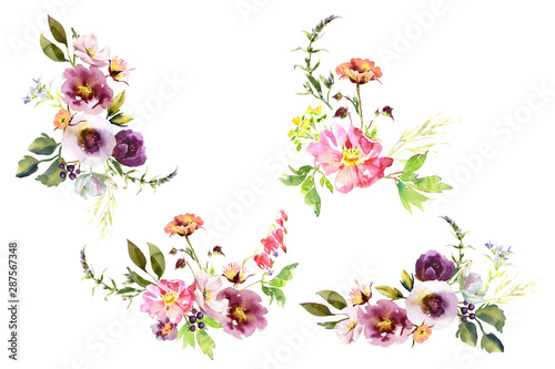 Collection Wedding bridal romanric rustic warm bouquet. Hand drawing watercolor pink and purple and orange flowers ornament