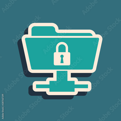 Green FTP folder and lock icon isolated on blue background. Concept of software update, ftp transfer protocol. Security, safety, protection concept. Long shadow style. Vector Illustration