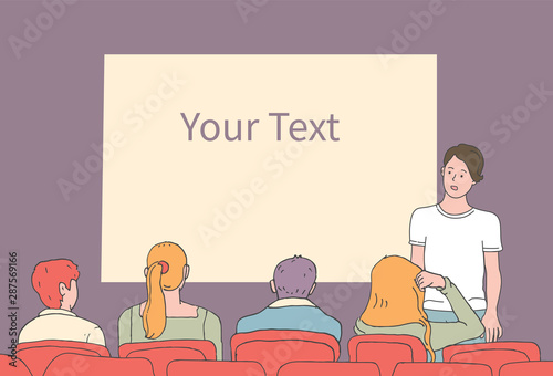 Vector illustration of people who sit in chairs and watch presentation in hand drawn style.Speaker and listener. Person is telling something near the projector. Lecturer speaks to an audience.