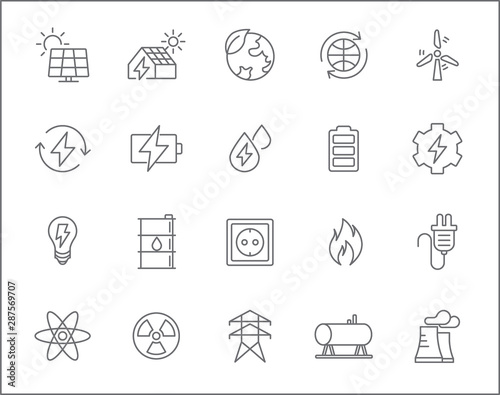 Set of energy and renewable Icons line style. Included the icons as wind ,solar energy, hydrogen, power station, low energy house And Other Elements.