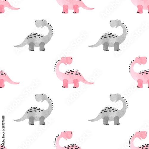 Seamless cute dinosaur pattern. Vector pink dino background for kids.