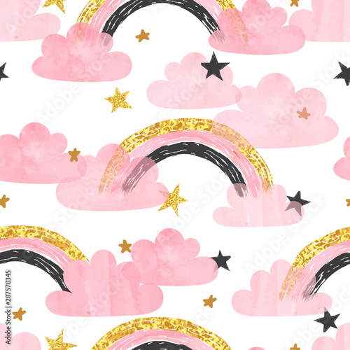 Seamless pattern with pink rainbows, clouds and stars. Vector watercolor illustration for kids
