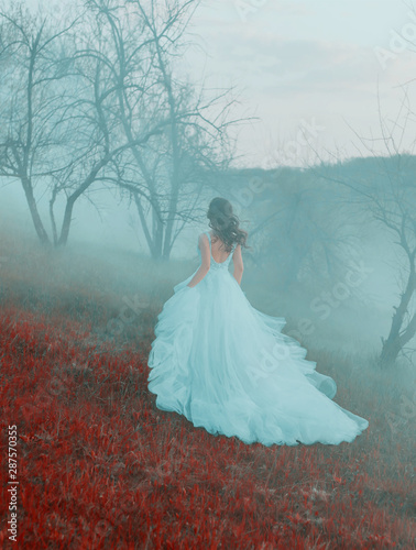 Cinderella hurries to the ball in a stylish wavy blue dress. Shooting from the back without a face. A mysterious woman walks in autumn mist on a hill. Gothic foggy atmosphere. Vintage romantic image.