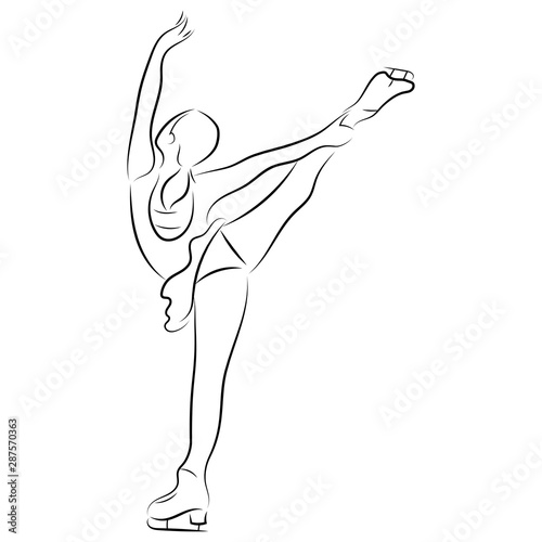 Girl figure skater. Figure skating. Black and white illustration of a figure skater. Winter sport. Linear art.