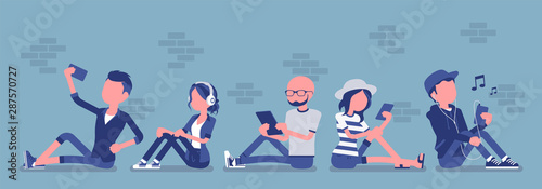 Young people with gadget. Diverse group sitting using smartphone, tablet for messaging services, email, video calls, social networking apps, taking selfie. Vector illustration with faceless characters