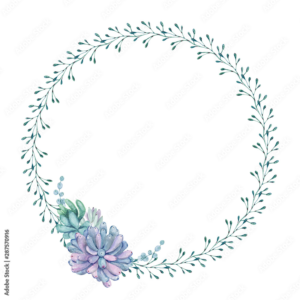 Beautiful watercolor wreath with succulents. Watercolor graphic for fabric, postcard, greeting card, book, poster, tee-shirt, banners, emblems, logo. Illustration, isolated objects.