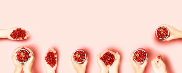 Female hands are holding in their hands various types of berries raspberries, strawberries and currants on a pink background