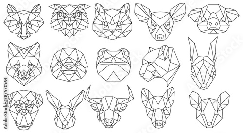 Set of polygonal animal portraits. Collection of geometric animal heads. Black white illustration. Linear art. Tattoo.
