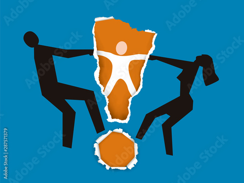 Divorced Couple, figthing over a baby. .  Illustration of Couple with child and torn paper exclamation mark. Vector available.