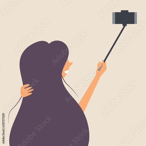 A girl with long hair is photographed on a selfie stick. Photographer. Editable vector illustration