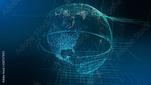 Motion Particle Earth Digital Globe Cyber Concept. Planet Network Data Abstract World Map Business Background. Universe Connection Landscape Scenery Outer Space Exploration 3D Rendering Animation